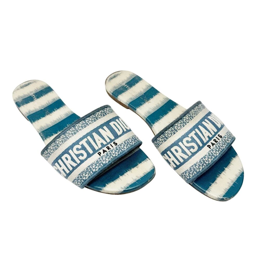 Christian Dior Dway Slides Deep Ocean Blue White Striped Canvas Sandals 37.5